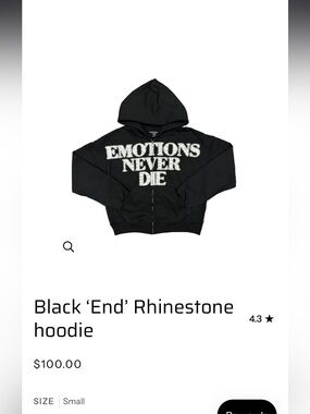 NWT Mixed Emotion Black Rhinestone Zip Hoodie with 'Emotions Never Die' Graphic
